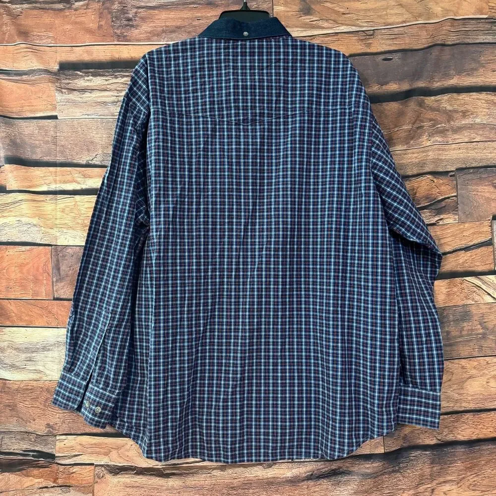 Wrangler PBR Men's Casual Button-Down Shirt Blue Red Plaid XL 100% Cotton